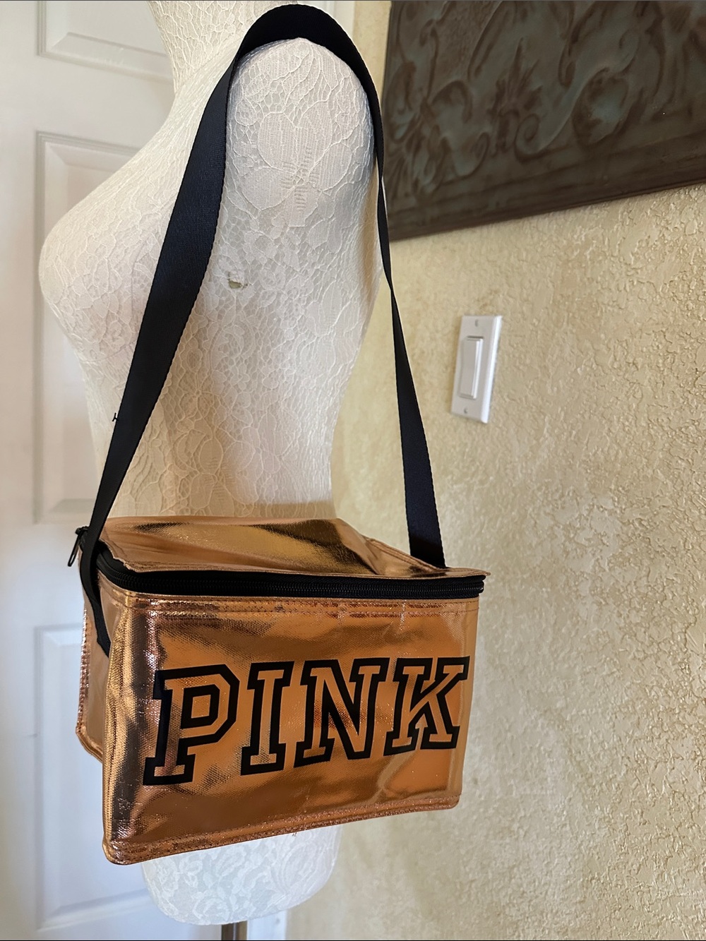 PINK Victoria's Secret Metallic Rosegold Cooler Bag with Black Strap